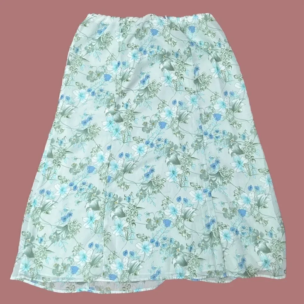Vintage Pastel Green Floral Midi Skirt // petite Cottagecore soft girl feminine